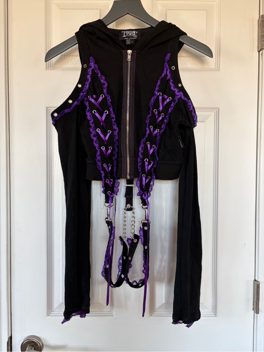 Tripp nyc Black Hooded Crop Top with Purple Lace Harness
